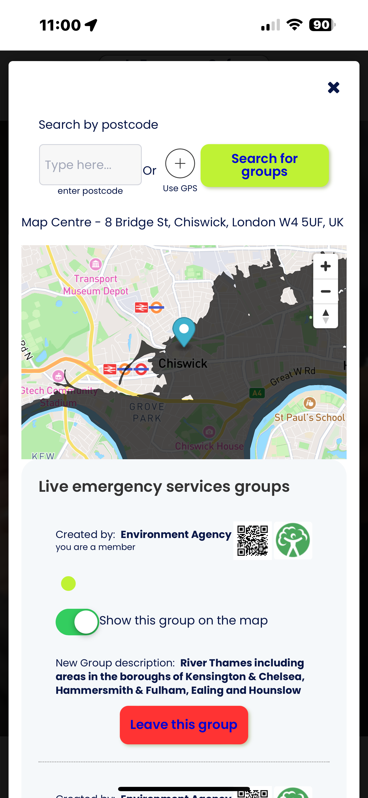 Is Everyone Safe app showing groups and location search