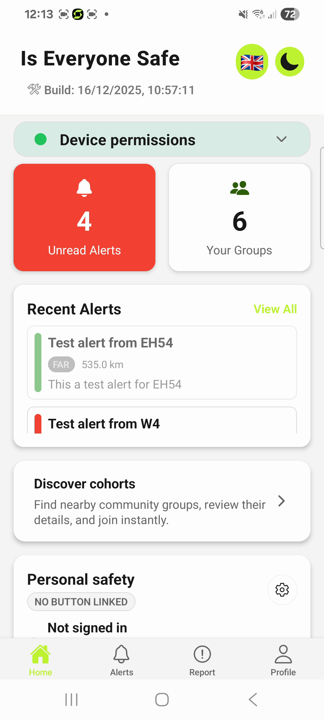 Actual Android app home showing test alerts and organisational groups.