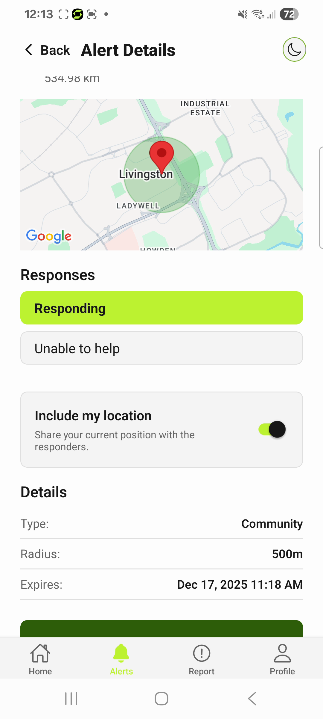 Actual Android app capture showing response choices and the optional Include my location control for a test alert.