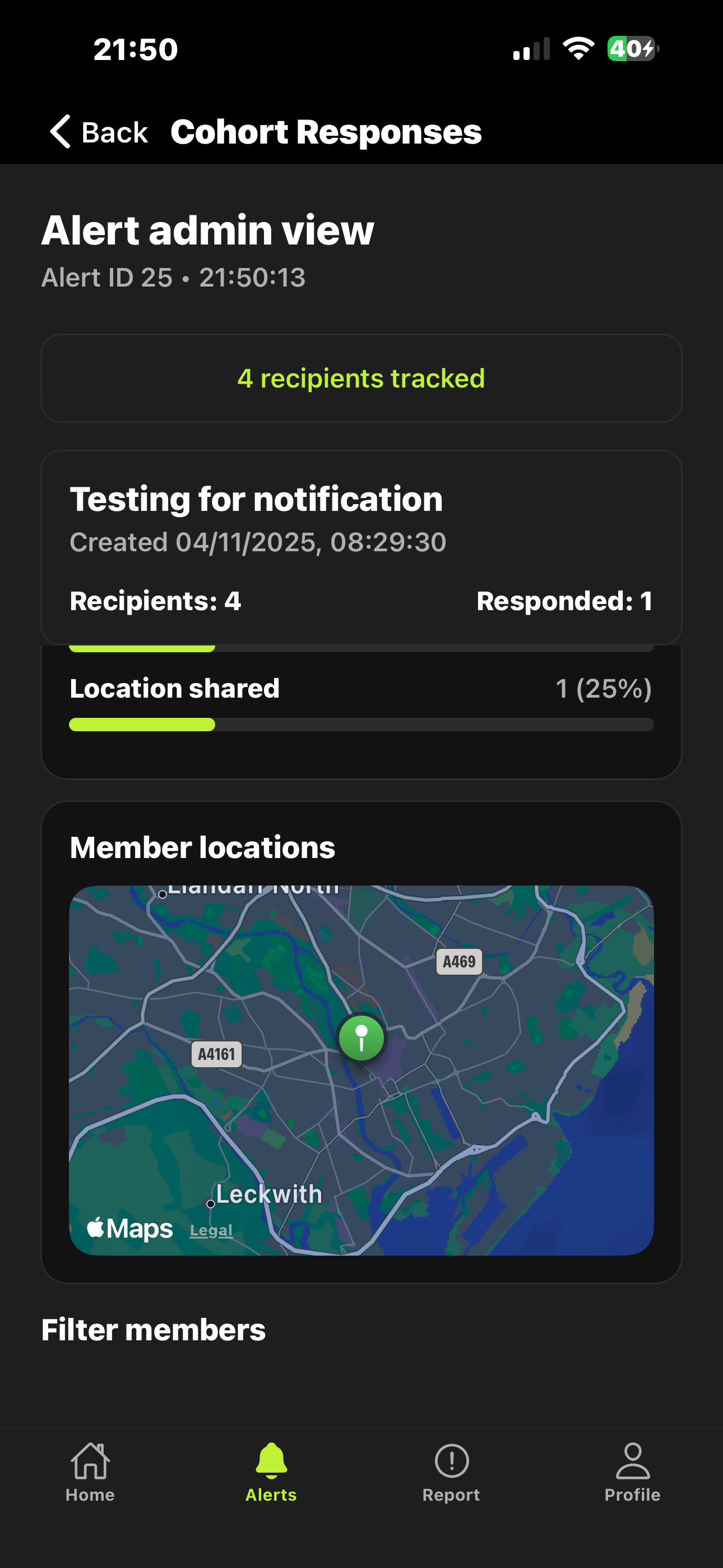 Actual test-alert response view showing shared location information.