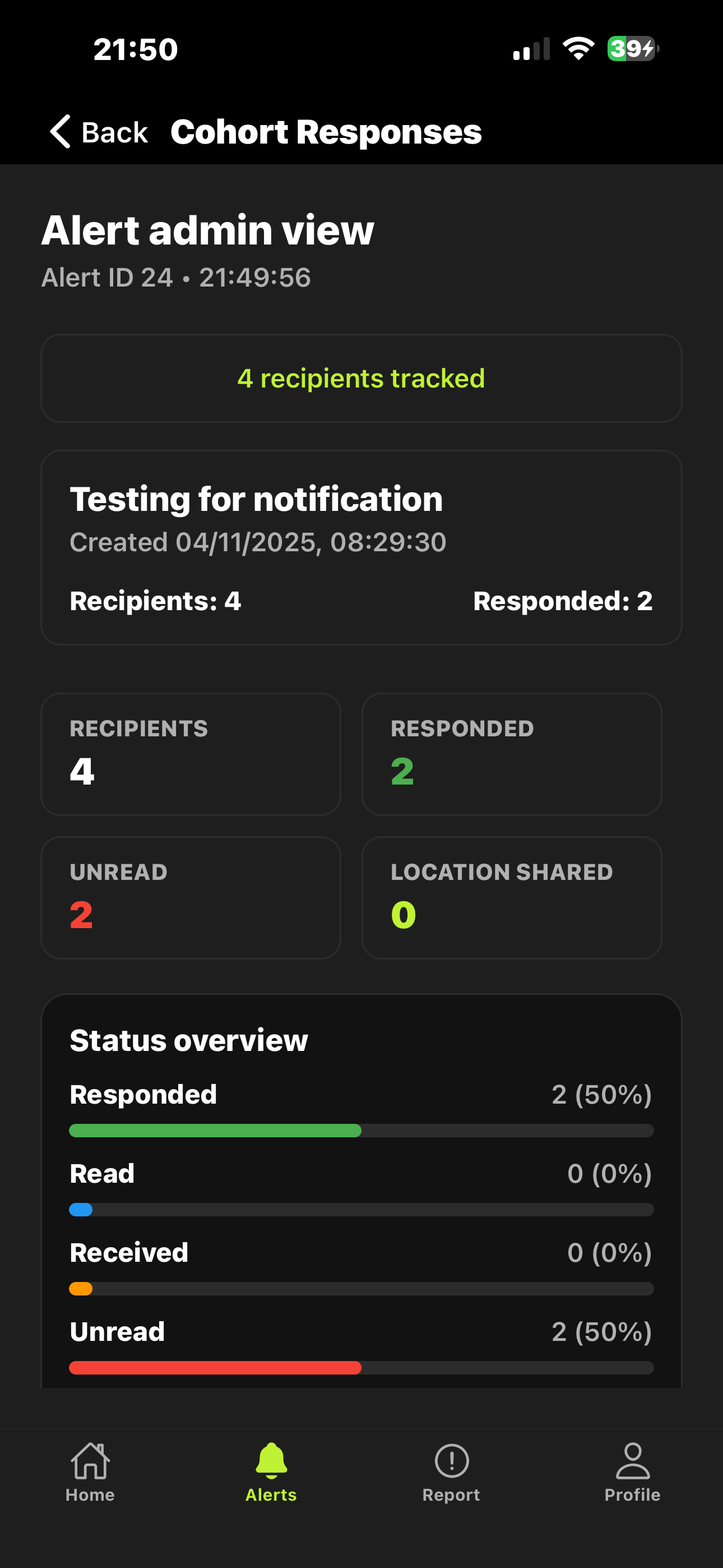 Existing mobile app screen showing the response overview for a test alert.