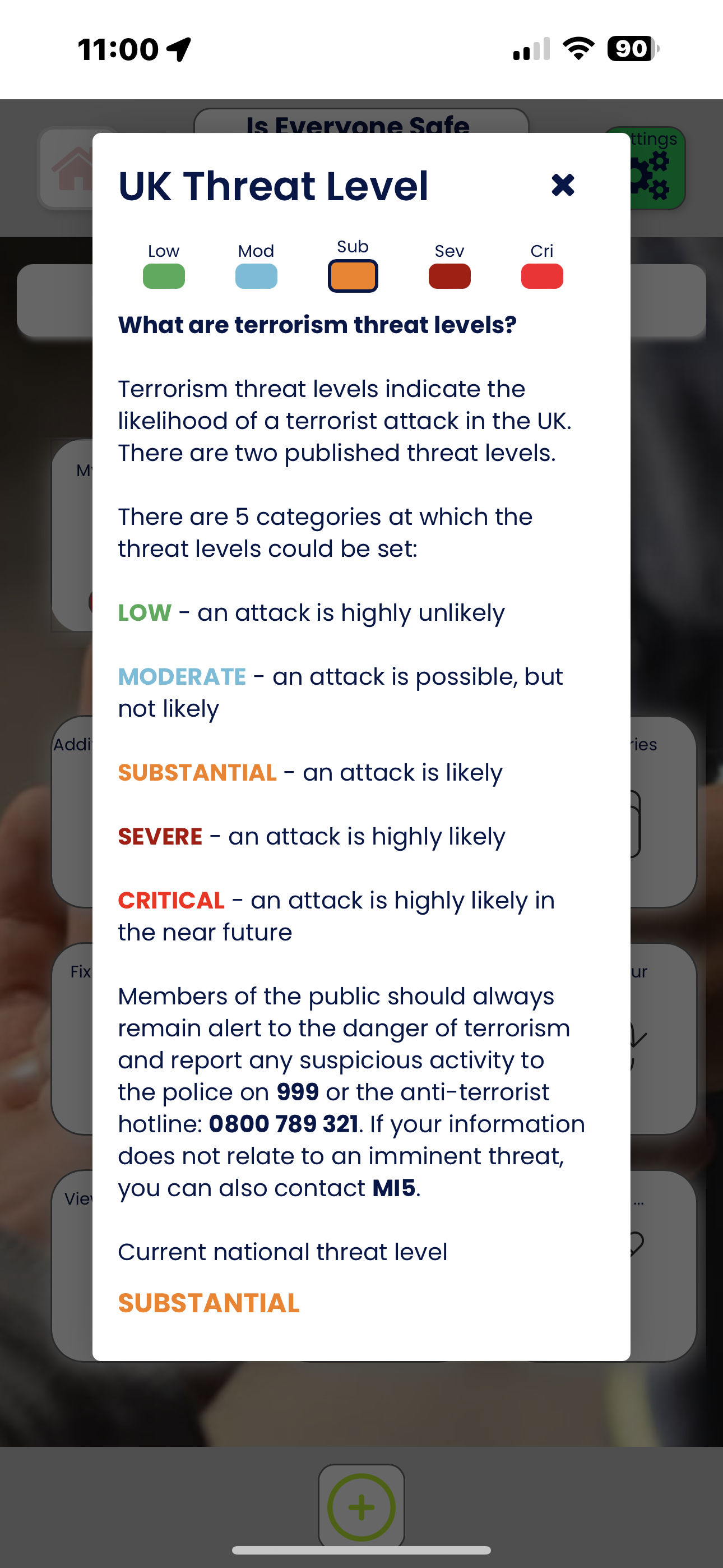 Is Everyone Safe app showing UK threat level information