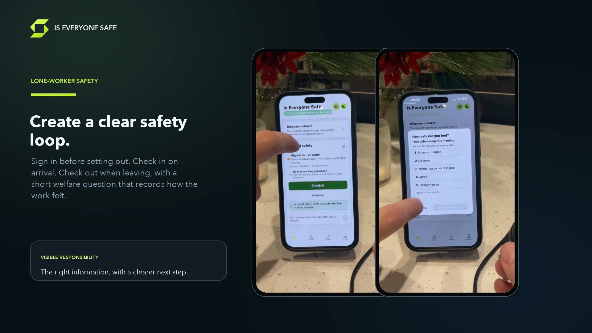 IsEveryoneSafe lone-worker check-in and welfare screens with the words Create a clear safety loop